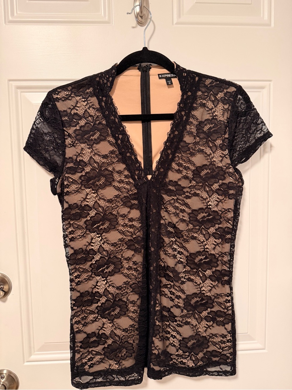 Express Black Lace Overlay V-Neck Blouse with Nude Lining